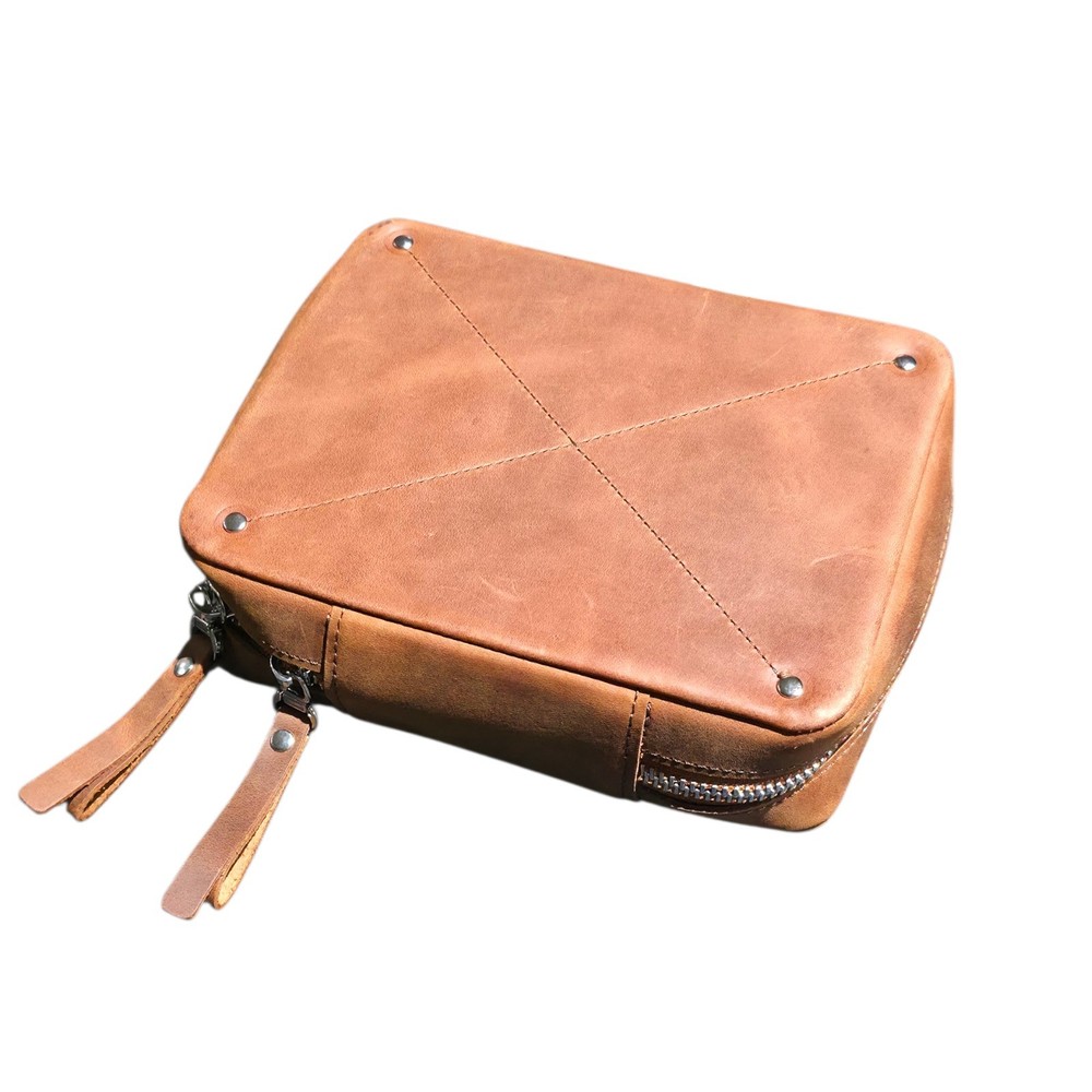 Genuine Leather Travel Tech Organizer Case AAMVA Zippered Cable Storage Brown