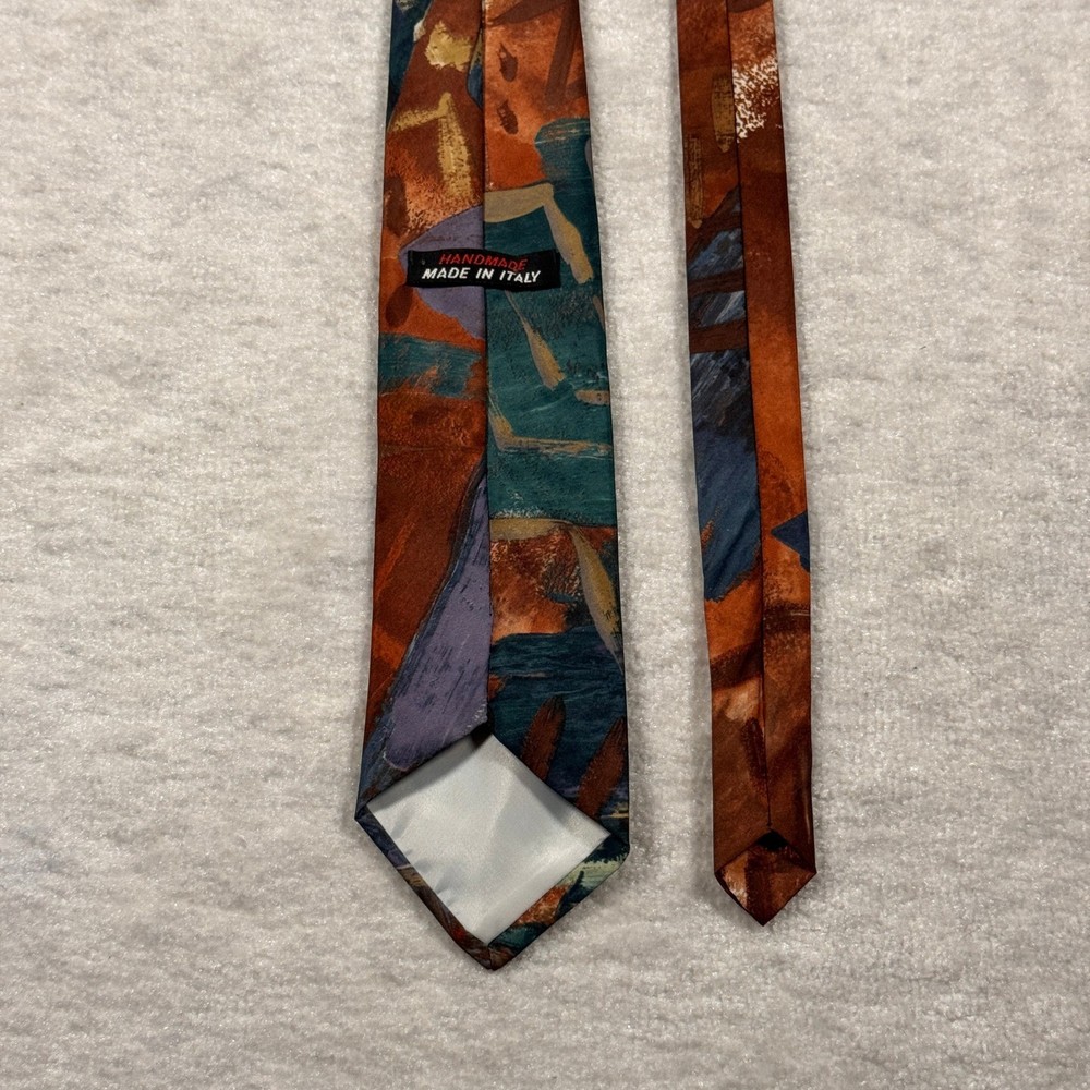 Handmade Italy Abstract Art Silk Tie Brown Teal Painterly Pattern
