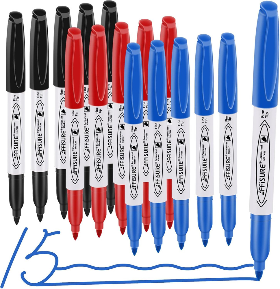Permanent Markers, Black, Blue, Red, 15 Pack, Fine Point - Smudge Proof
