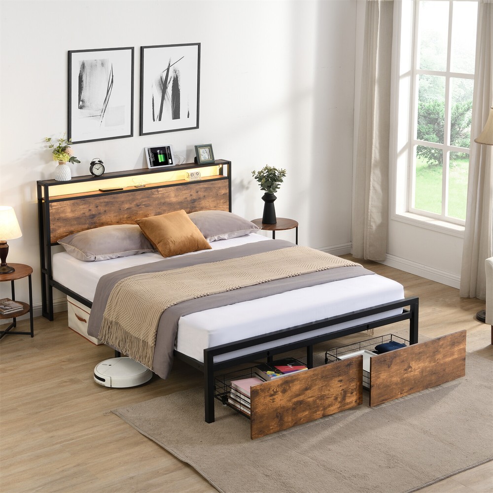 Full Size LED Bed Frame w/ Storage Headboard & 2 Drawers Metal Platform Bed
