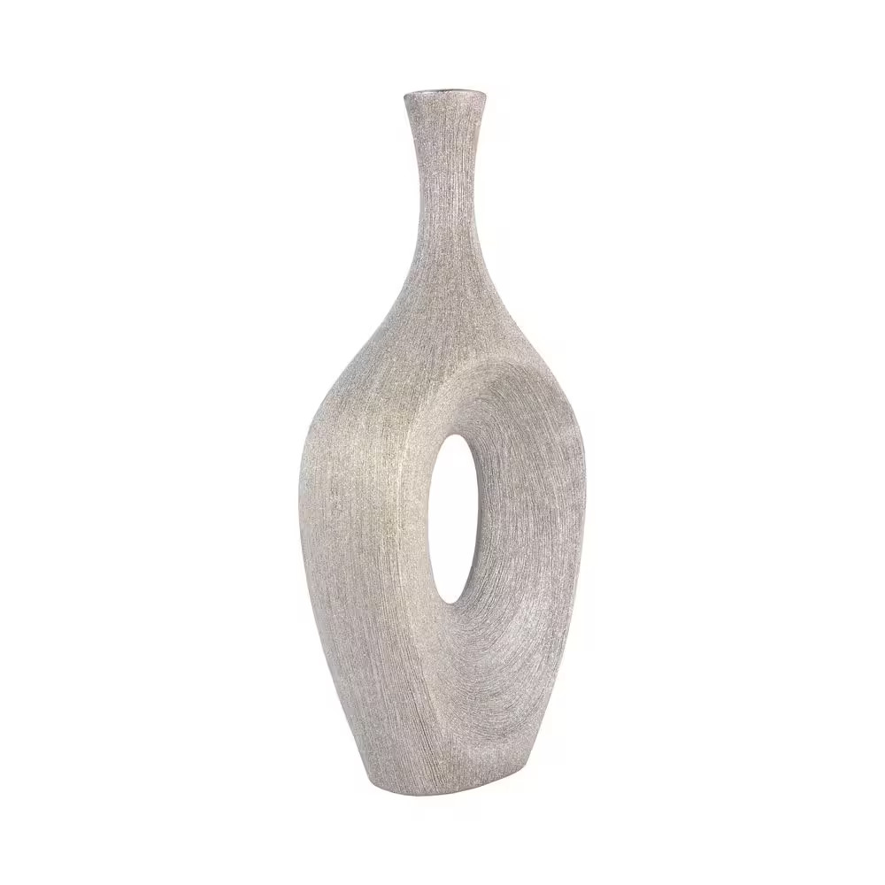 19 In. Silver Stoneware Beaded Open Cut Oval Decorative Vase