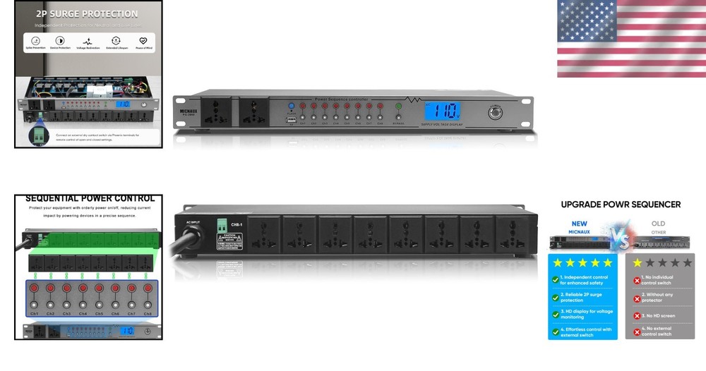 Rack Mount Sequencer Surge Protector 2000W 10 Outlets-
