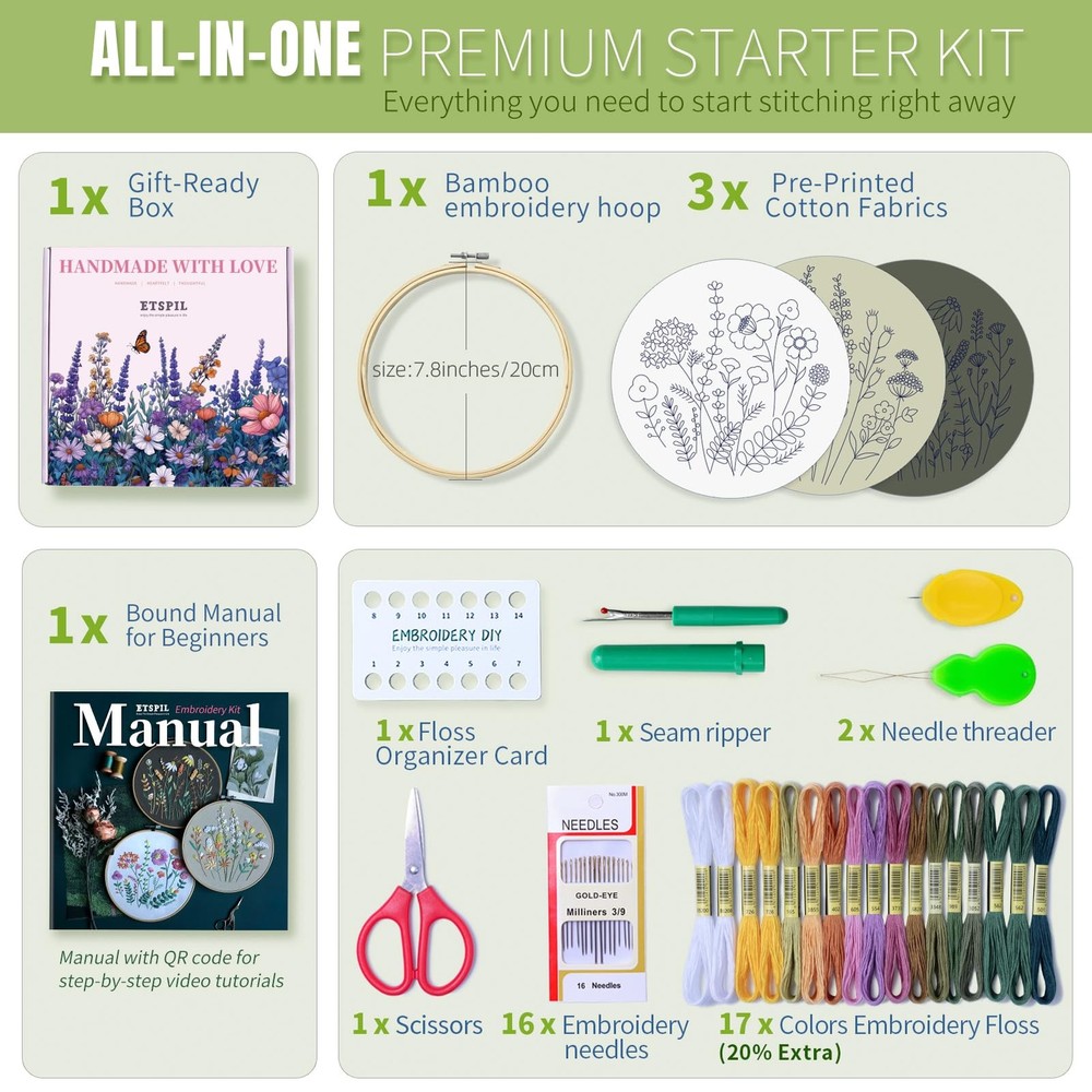 ETSPIL Beginner Embroidery Kits for Adults, 3-Pack medium, flower A3