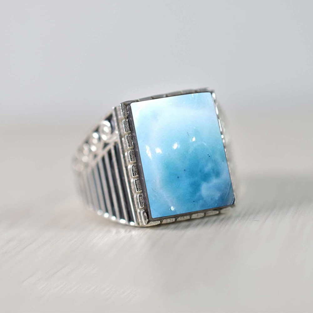 Solid 925 Sterling Silver Natural Blue Dominican Larimar Gemstone Men's Ring
