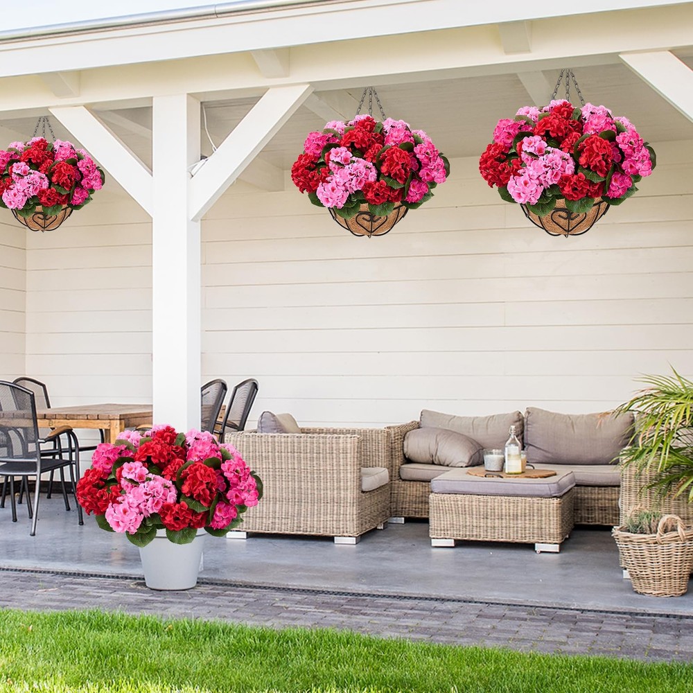 2 Set Artificial Geraniums for Outdoors with Hanging Baskets, 12 Bundles UV R...