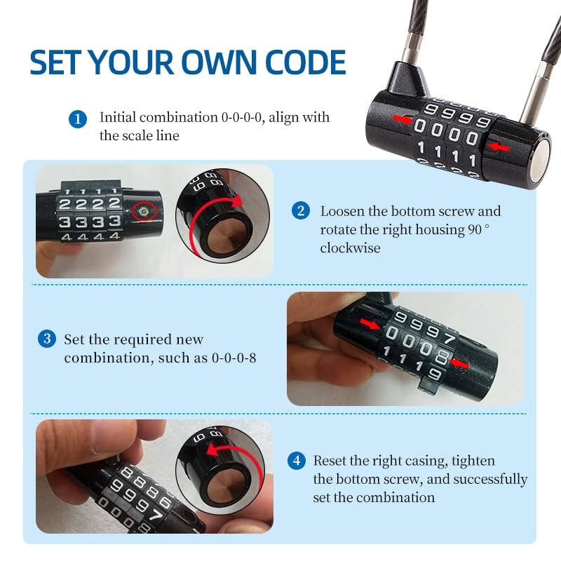 EASTDEER 4-Digit Combination Cable Lock, 7" - Gym Locker & Toolbox Security