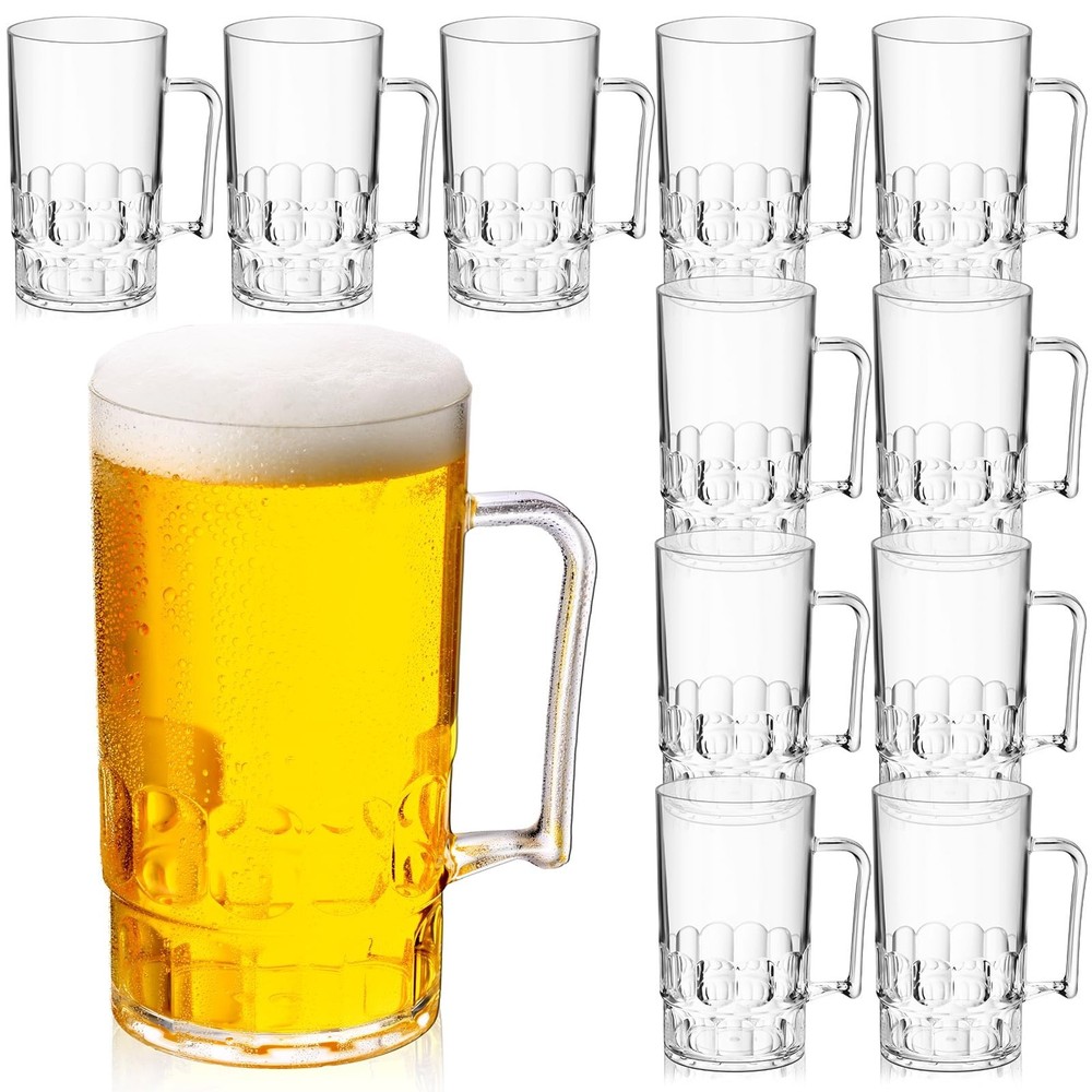 12 Pcs Clear Plastic Beer Stein Mug with Handle Shatter Resistant Large Dimpl...