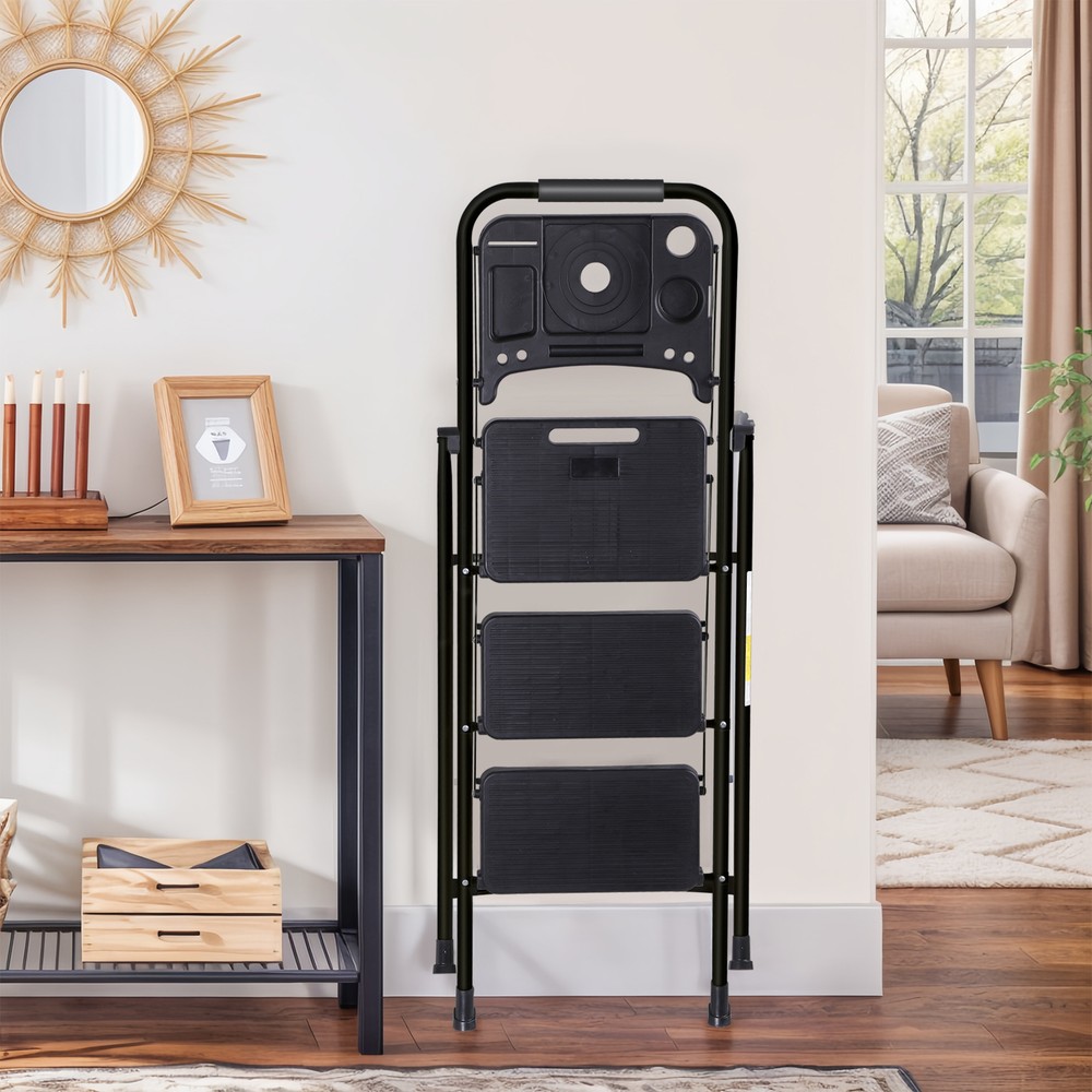 3-Step Ladder Folding Step Stool 330lbs Max Load Capacity Steel Non-Slip Black