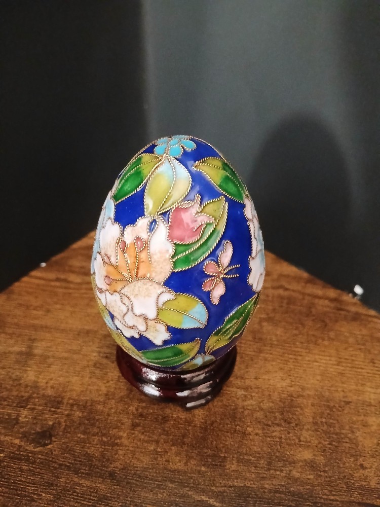 Cloisonne Floral Egg on Stand with Blue Lidded Fabric Keepsake Box