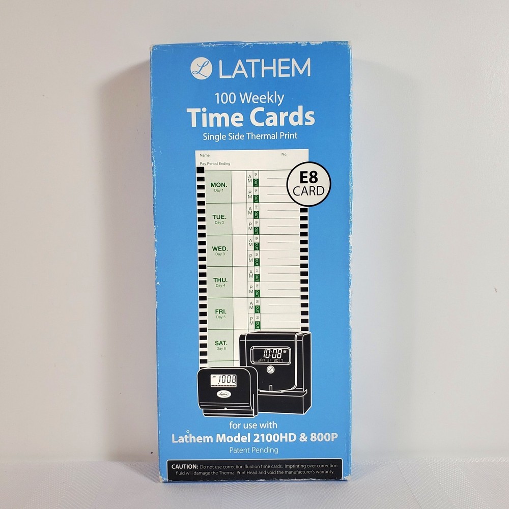 Lathem E8 Time Cards E8-100 Weekly Model 2100HD & 800P 100 Count Box One Sided