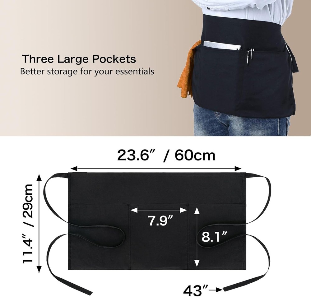 Professional Server Aprons - 6 Pack with Long Straps & 3 Pockets for Convenience