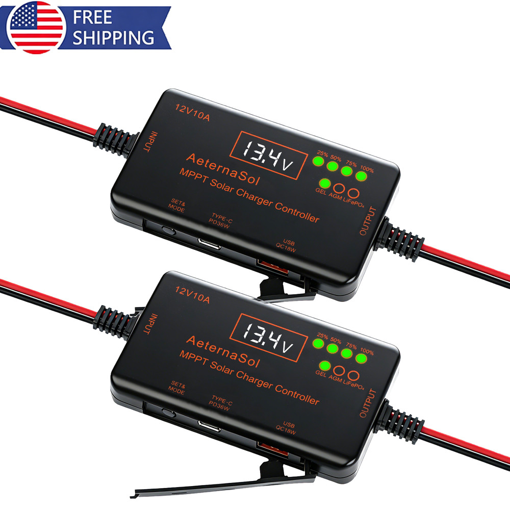 2Pack 10A MPPT Solar Charge Controller 12V Intelligent Regulator with Type-C&USB