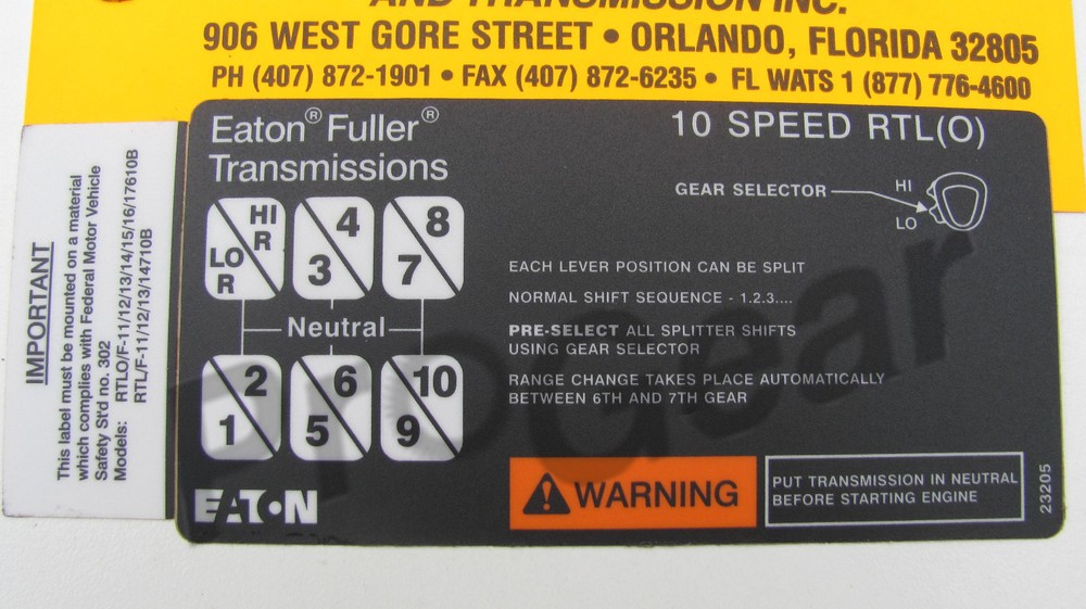 Eaton Fuller SUPER 10 Transmission Shift Pattern label 23205