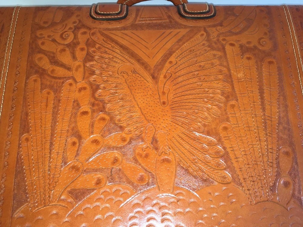 Mid-Century Hand Tooled Leather Suitcase made in Mexico