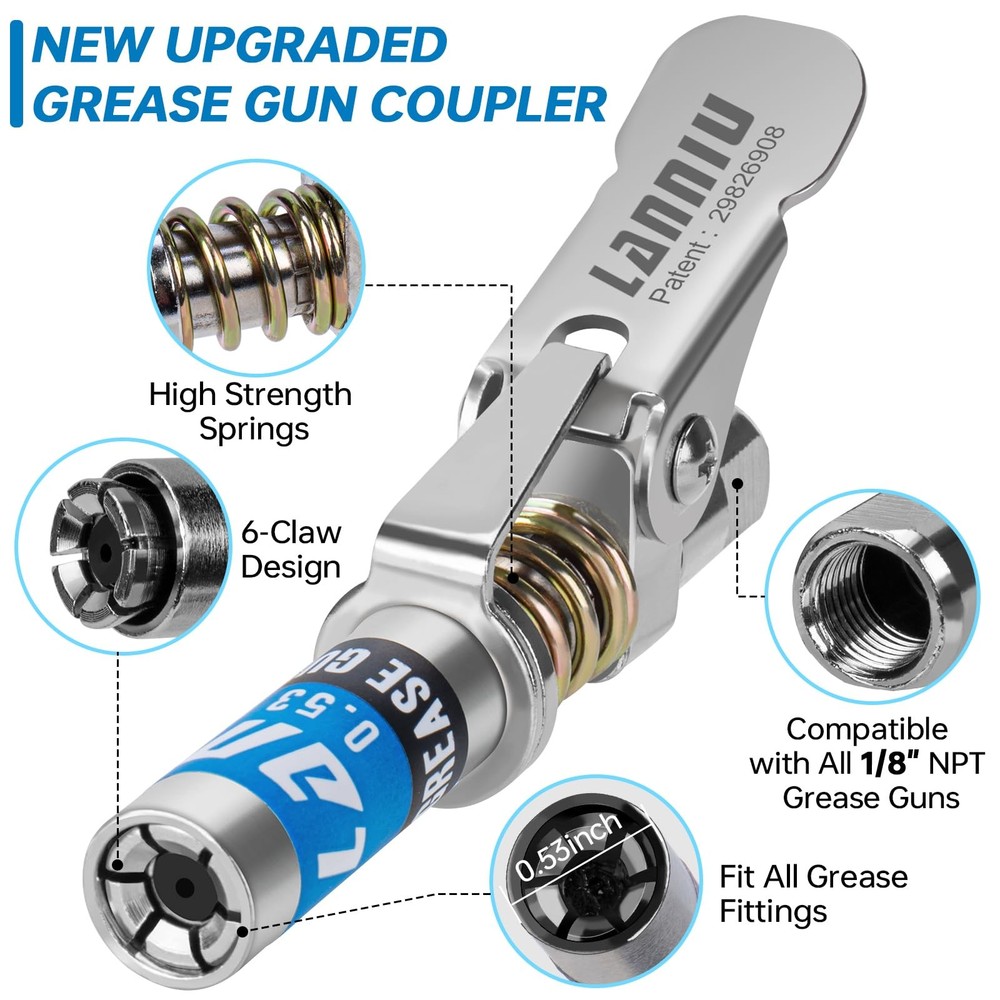 Grease Gun Coupler, 0.53" Strong Locking 12000PSI Silver