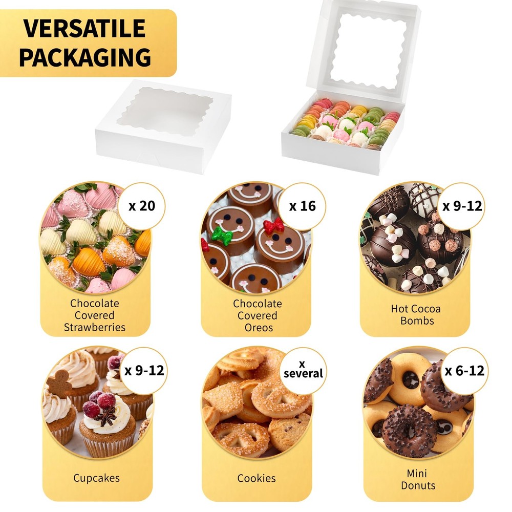 20 Pack Pie Boxes, 9 x 9 x 2.5 Inches Bakery Boxes with Window, Auto-Popup Co...