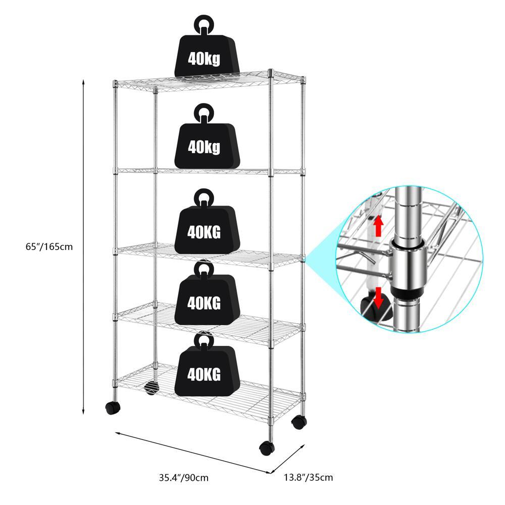 65x36x14" 5 Tier Adjustable Wire Metal Storage Shelving Shelf Unit Rack Rolling