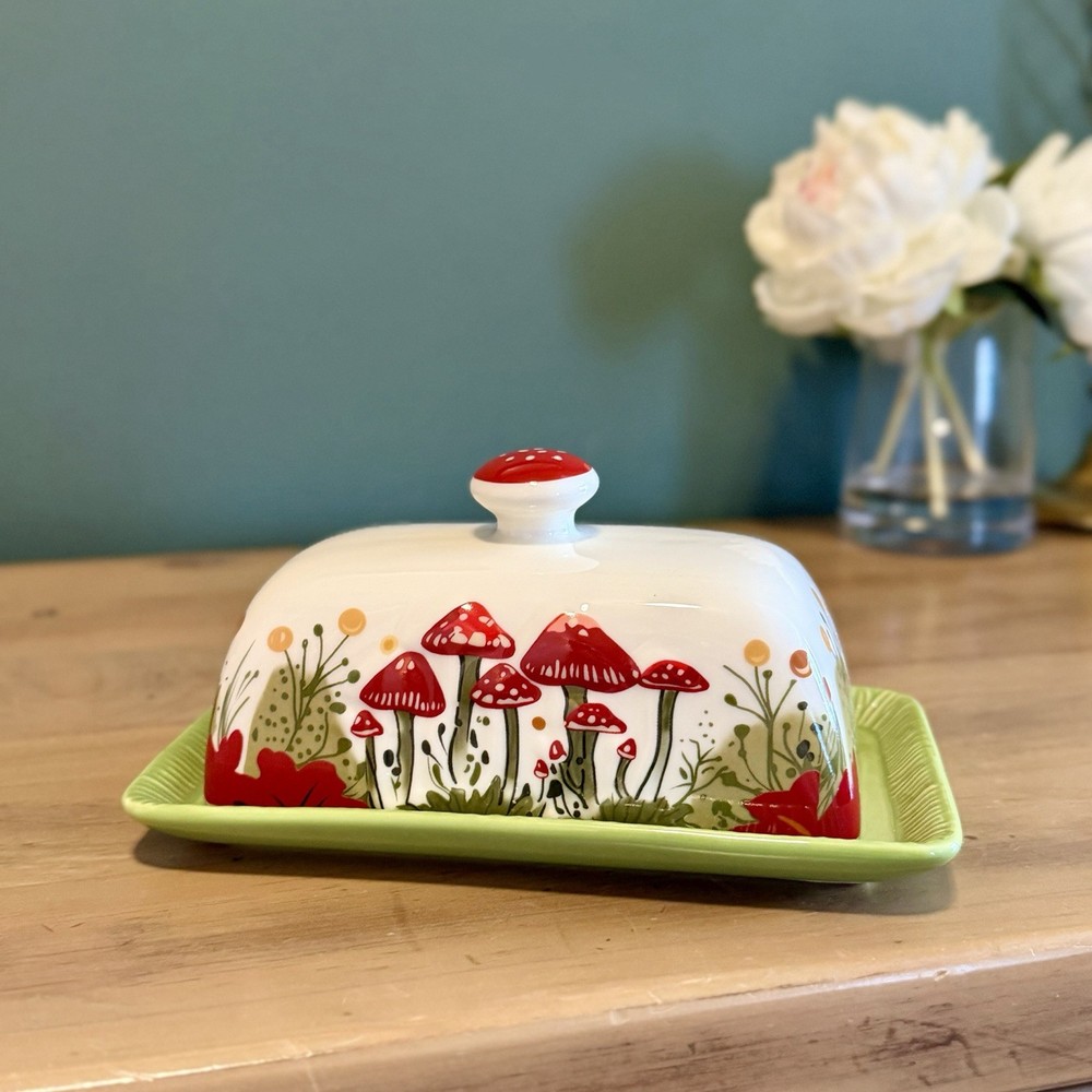 Mushroom Butter Dish Covered Ceramic Toadstool Cottagecore Kitchen Decor