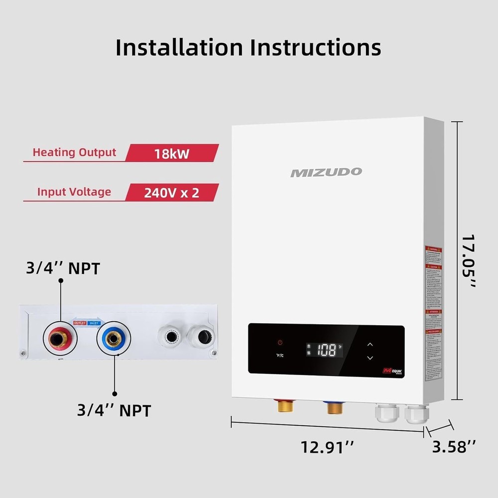 Electric Tankless Water Heater MIZUDO 18KW 240V Instant Endless Hot Water Heater