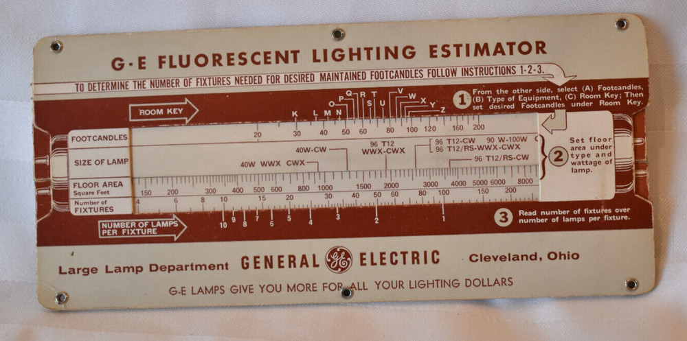 Vtg General Electric Fluorescent Lighting Estimator Selector Slide Rule Chart
