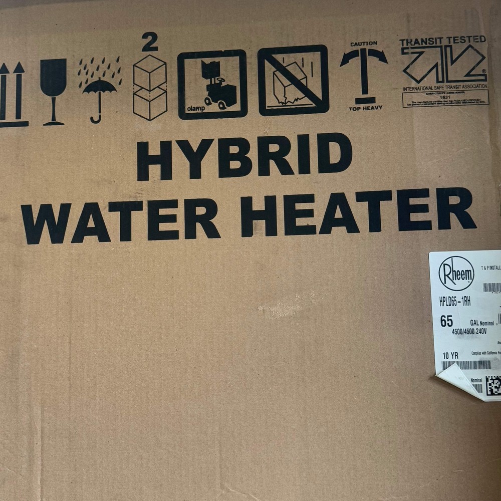 RHEEM Hybrid Electric Water Heater Sz 63” H x 24” D Grey HPLD65-1RH