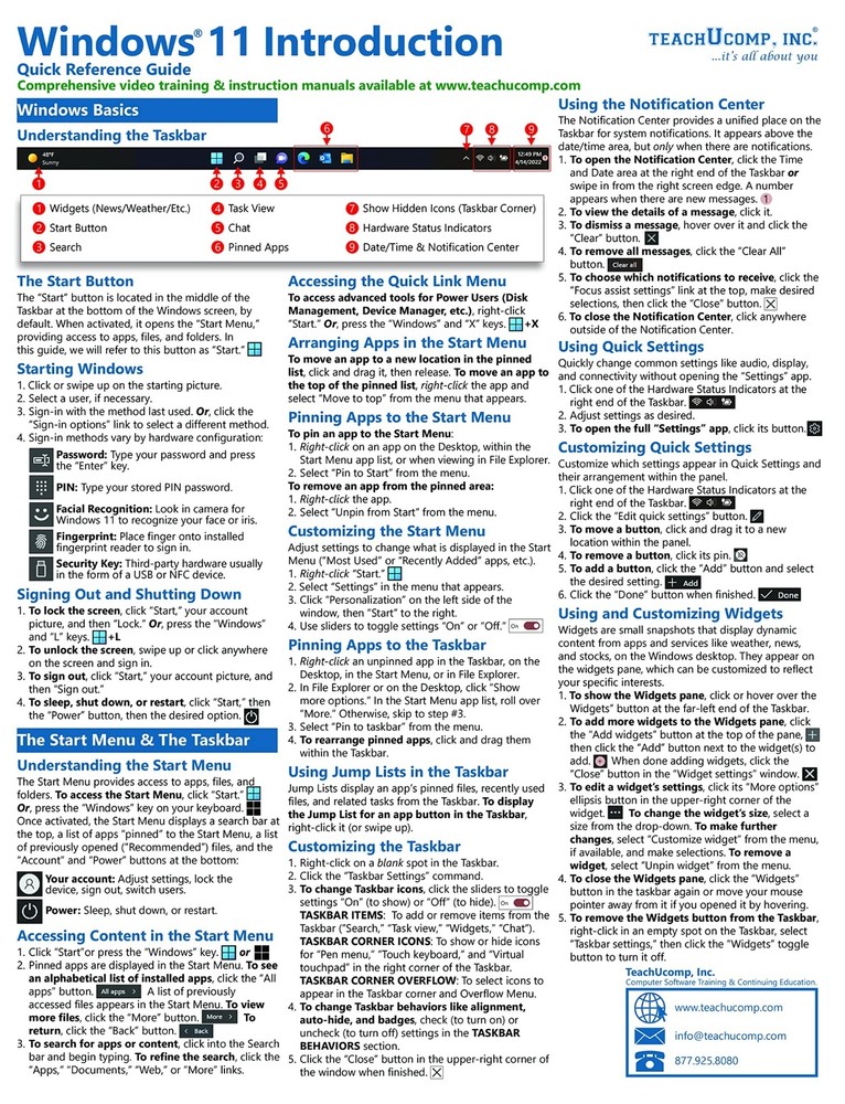 Windows 11 Training Guide Quick Reference Card 4 Page Cheat Sheet Instructions