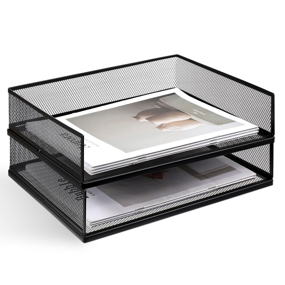 2 Pack Black Stackable Letter Tray, Wire Mesh, Transverse Load, Desk Organizer