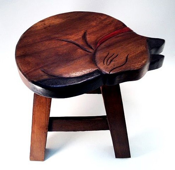 SLEEPING CAT WOOD FOOTSTOOL