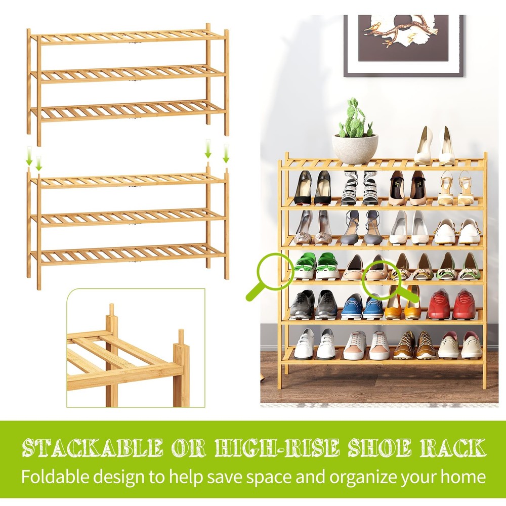3-Tier Bamboo Extended Shoe Rack Premium Stackable Shoe Shelf Storage Organiz...