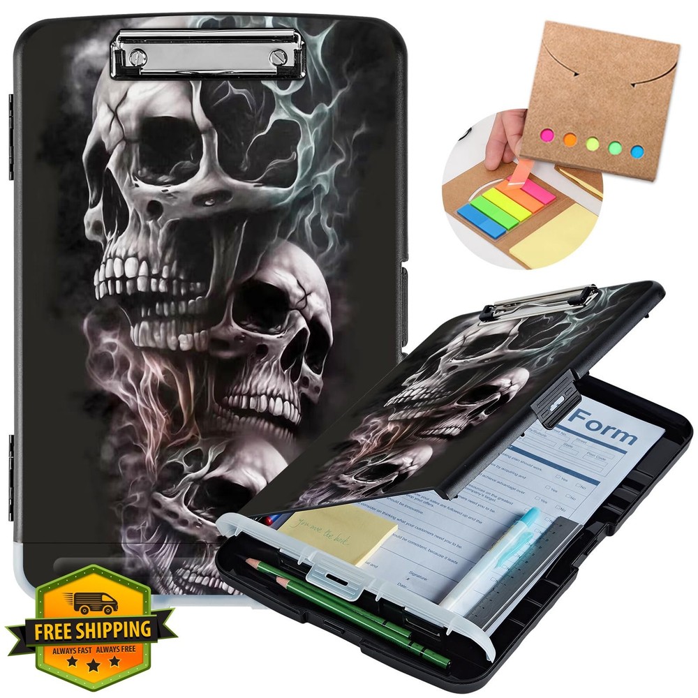 Clipboard with Storage Heavy Duty Plastic Skull Black