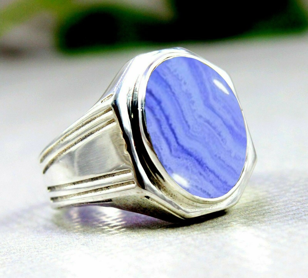 Solid 925 Sterling Silver Natural Blue Lace Agate Gemstone Signet Men's Ring
