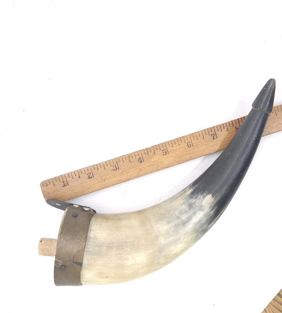 Vintage Powder Horn With Brass Hardware Muzzleloader Black Powder Horn