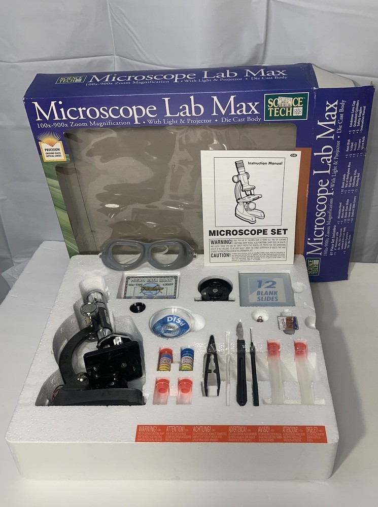 Science Tech Microscope Lab Max 100x–900x Die Cast 67pc Kit Open Box