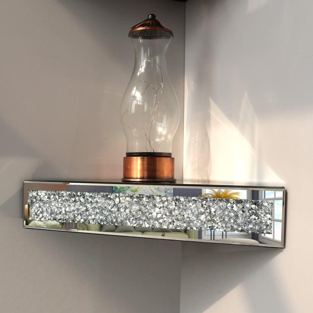 Mirrored Floating Corner Shelf, Silver Mirror Crushed Diamond Decorative Wall