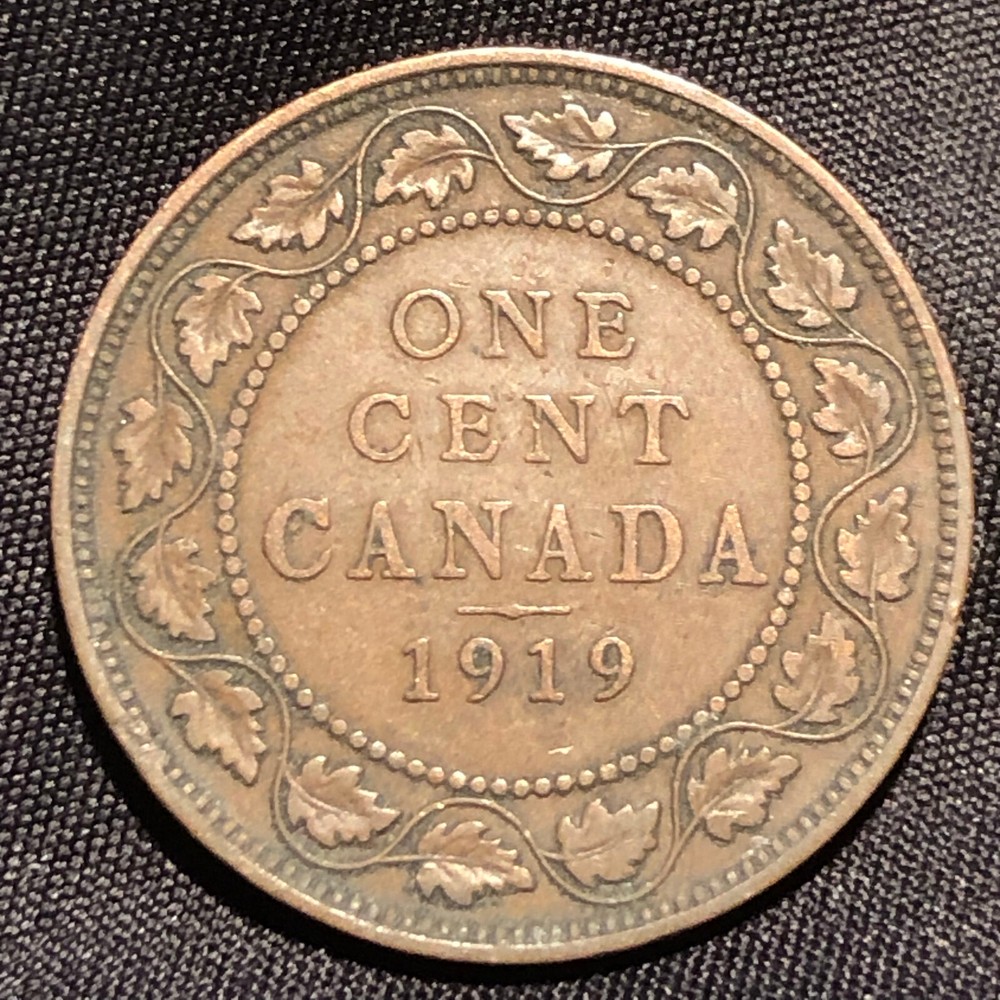 1919 Canada One Cent Bronze Coin - F (Fine) condition