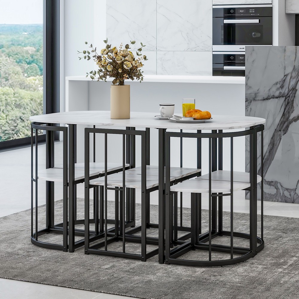 Modern 7-Piece Dining Table Set, Kitchen Faux Marble Table with Chairs for 6