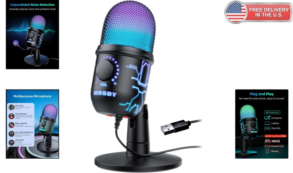 Dynamic RGB USB Microphone for Gaming & Streaming - Mute Function & Monitoring