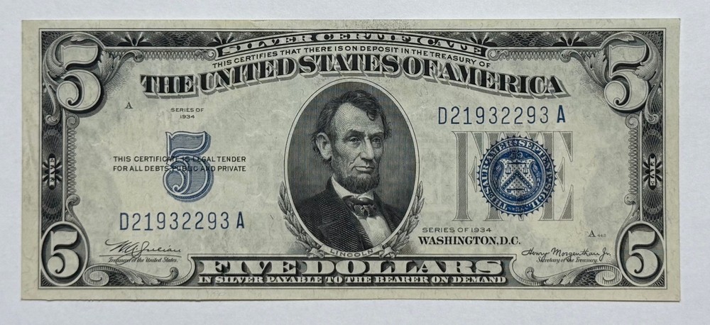 1934 $5 Bill Silver Certificate Note 293A-DK
