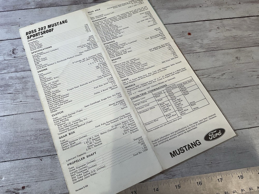 ORIGINAL 1969 MUSTANG BOSS 302 BROCHURE