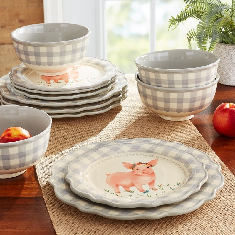 Gingham Dinnerware Set 12 Pieces Ceramic Service 4 Microwave Dishwasher Safe New