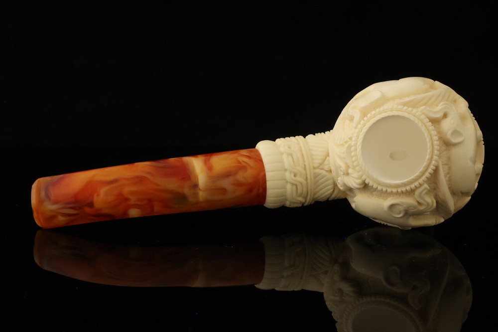 srv - Tri Elephants Block Meerschaum Pipe with custom case 15218