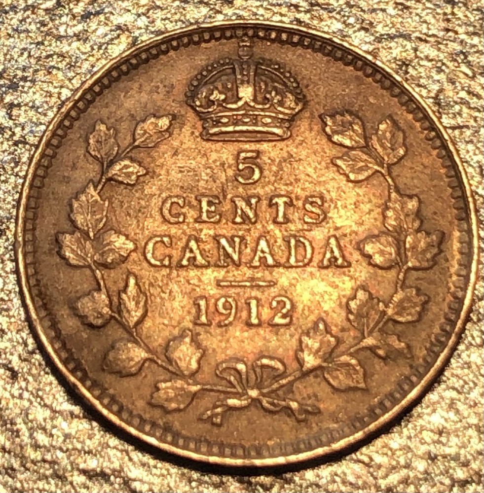 1912 Canada 5 Cents, .925 Silver, High Grade, Toned