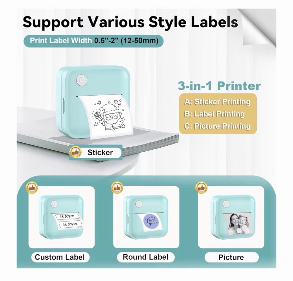 Label Maker Machine with Tape - Inkless Mini Bluetooth Label Printer