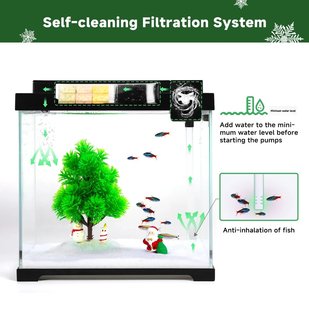 Christmas 2.4 Gallon Glass Fish Tank Starter Kit, Self Cleaning, USB Controller,