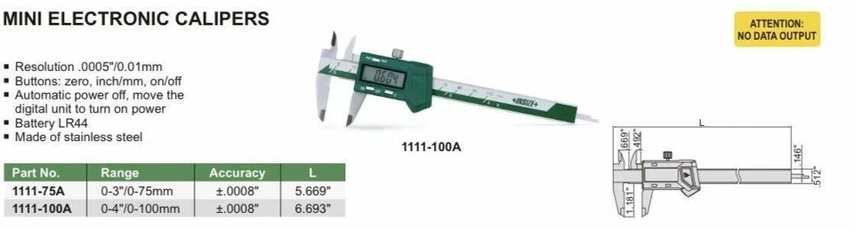 INSIZE 1111-75A Mini Digital Caliper Range 0-75mm/0-3"