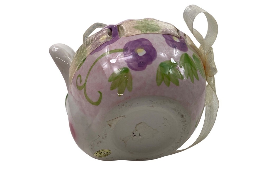Ceramic Bunny Easter Basket With Painted Floral Design & Beaded Metal Handle