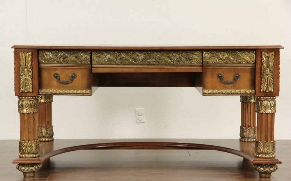 Classical Writing Desk, Carved Cherry & Maple with Dark Gold.