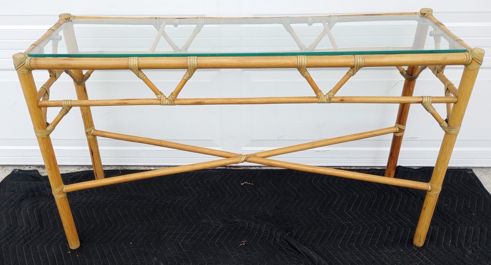 Vintage Mid Century Leather Wrapped Console Table Glass Top