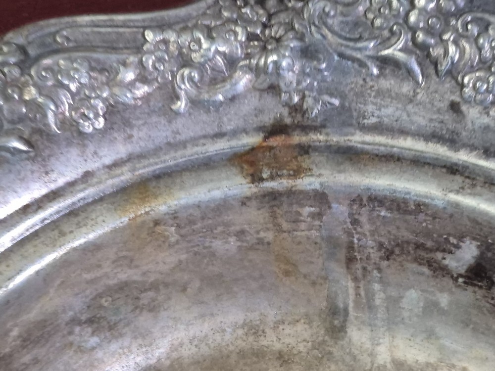 Silver Plate Decorative Serving Bowl With Floral Pattern Distressed