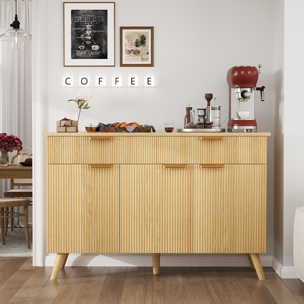Kitchen Storage Cabinet with Drawers and Doors, Modern Fluted Sideboard Buffet